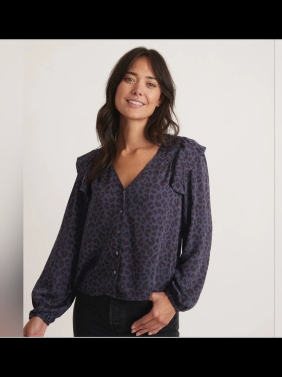 Marine Layer Tops - Marine Layer Blue & Black Leopard Print Ruffle Shoulder Blouse Size Large